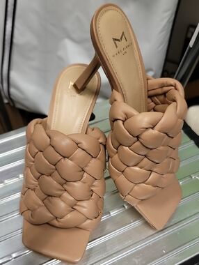 Marc Fisher Tan Braided Leather Slide Heels
